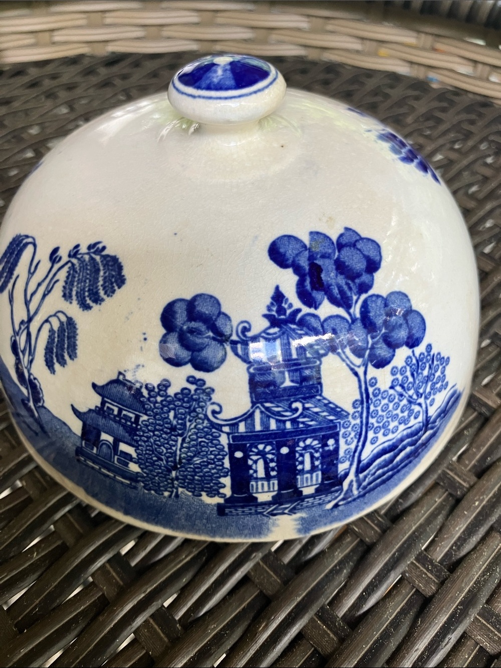 Antique Blue Willow Pagoda Butter Dish cover only stained no chips